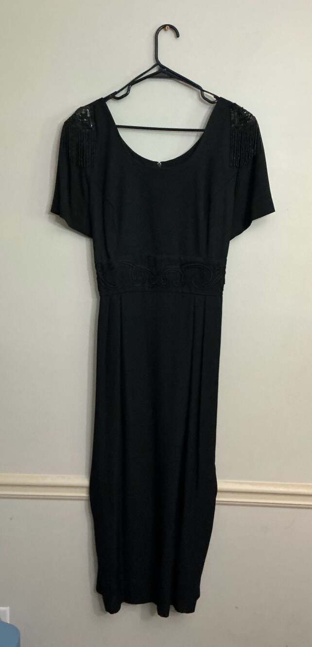 John Roberts Vintage Black Midi Dress with Beaded Sequin Shoulders and Embroider